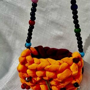 Plush Braided Mini Bucket Bag in Bright Orange with Beaded Strap
